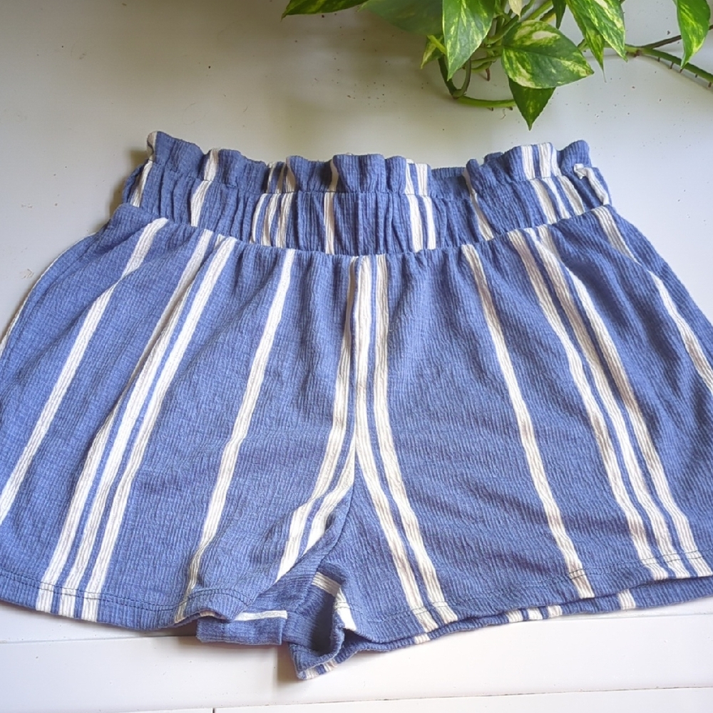 Striped Blue and White Elastic-Waist Women's Shorts
